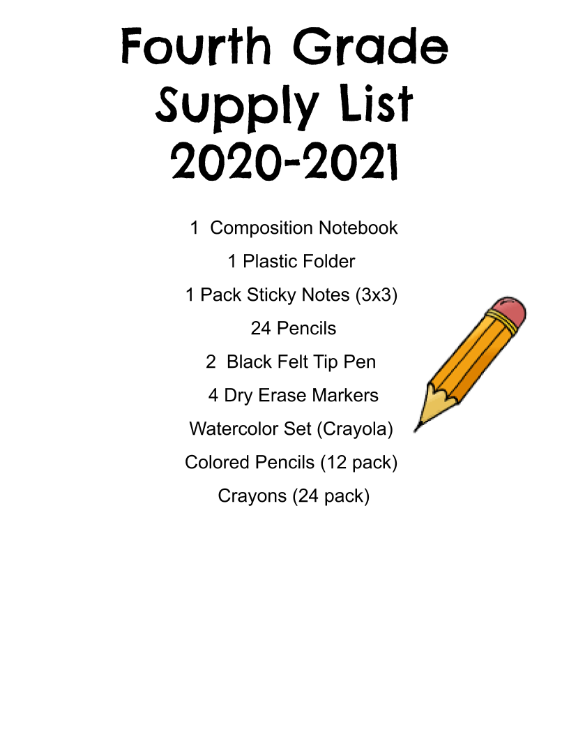 Fourth Grade Supply List Little Run Elementary School